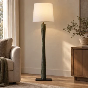 Green Prism Column Floor Lamp with Fabric Shade in olive — front view