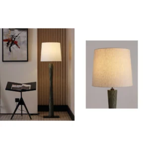 Green Prism Column Floor Lamp with Fabric Shade in olive — in a room setting