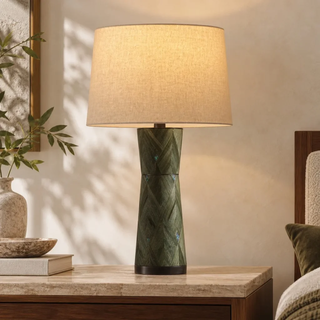 Green Faceted Ceramic Table Lamp with Linen Shade in olive — front view