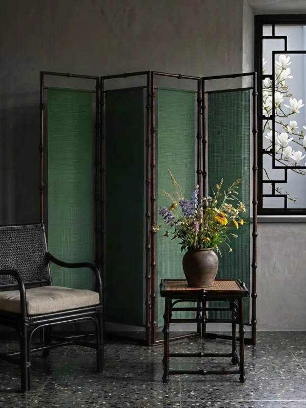 Song-Style Green Bamboo Folding Screen in olive — in a room setting