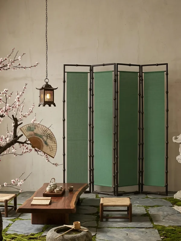 Song-Style Green Bamboo Folding Screen in olive — in a room setting