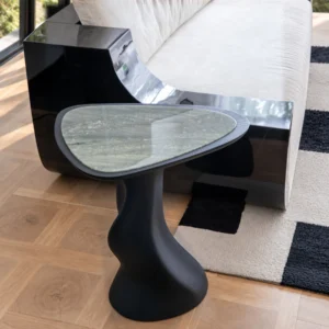 Spiral Black Ash Side Table with Green Marble Top in black — front view