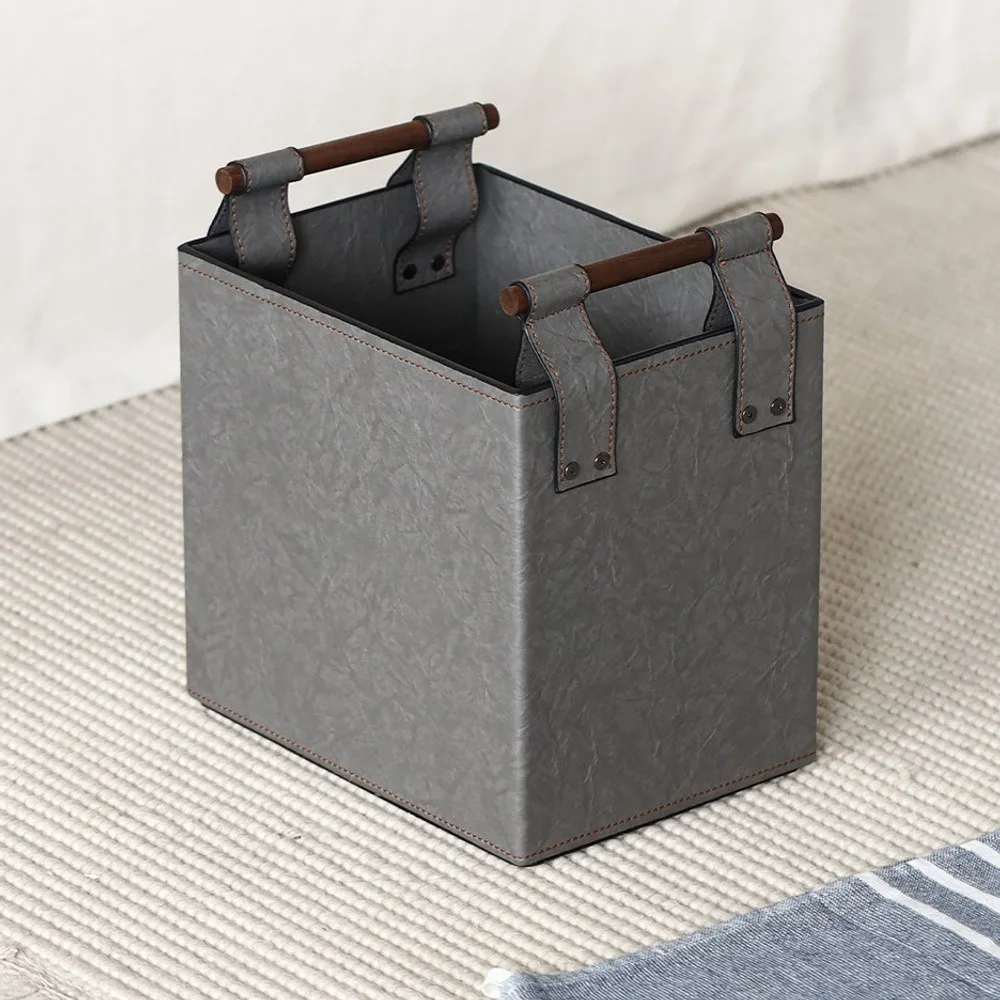 Grey Crinkled Leather Storage Basket with Wood Handles in slate — front view