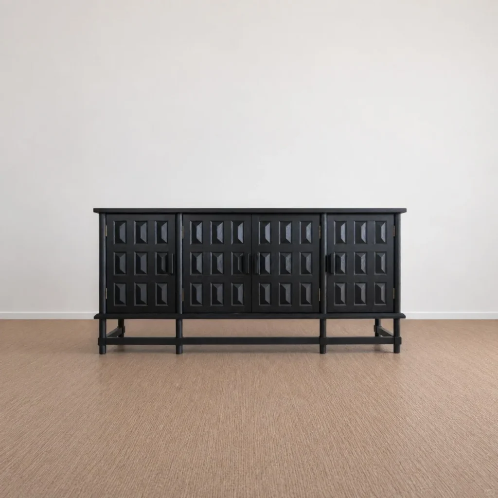 Grid Relief Black Four-Door Solid Wood Sideboard, 185 cm in black — front view