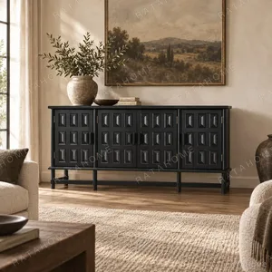 Grid Relief Black Four-Door Solid Wood Sideboard, 185 cm in black — in a room setting