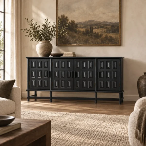 Grid Relief Black Four-Door Solid Wood Sideboard, 185 cm in black — in a room setting
