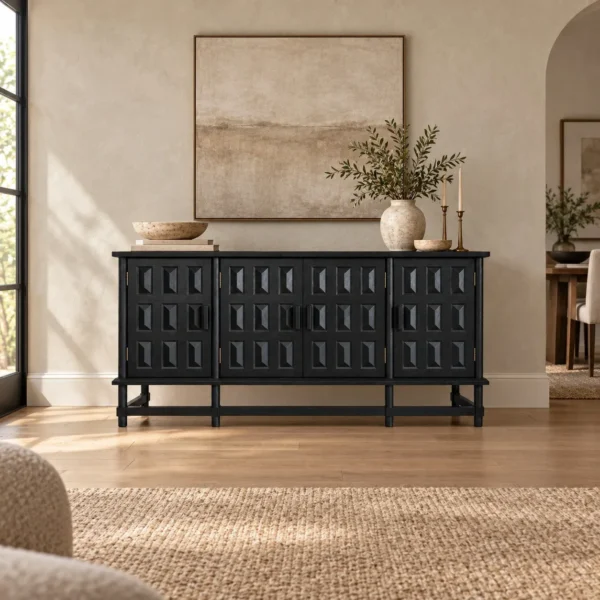 Grid Relief Black Four-Door Solid Wood Sideboard, 185 cm in black — in a room setting