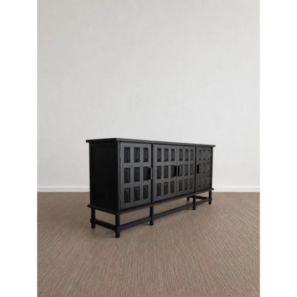 Grid Relief Black Four-Door Solid Wood Sideboard, 185 cm in black — in a room setting