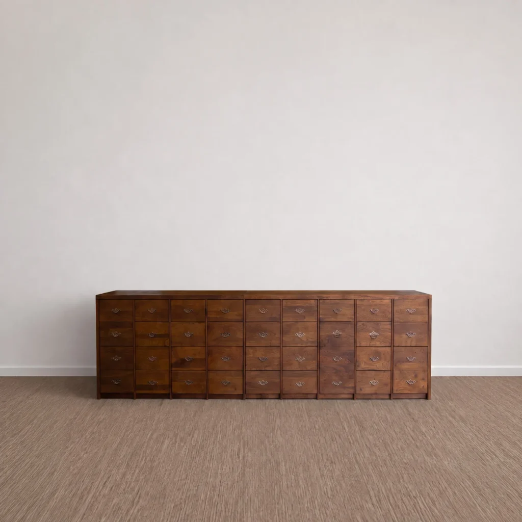 Grid Sequence Long Chest with Rows of Small Drawers in clay — front view