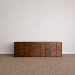 Grid Sequence Long Chest with Rows of Small Drawers in clay — front view