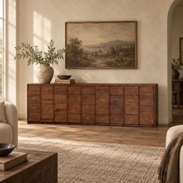 Grid Sequence Long Chest with Rows of Small Drawers in clay — in a room setting