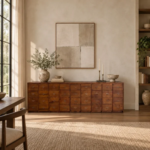 Grid Sequence Long Chest with Rows of Small Drawers in clay — in a room setting