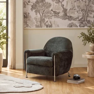 Hamburger Lounge Chair in Dark Green Chenille on Steel Legs — front view