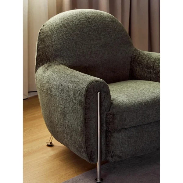 Hamburger Lounge Chair in Dark Green Chenille on Steel Legs — in a room setting