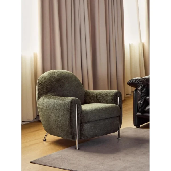 Hamburger Lounge Chair in Dark Green Chenille on Steel Legs — in a room setting