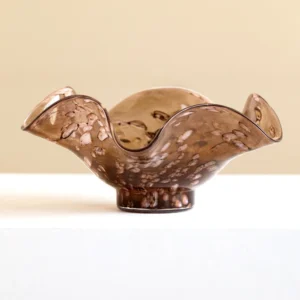 Hand-Blown Brown Ripple Glass Fruit Bowl in clay — front view