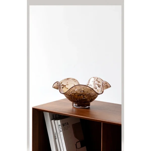 Hand-Blown Brown Ripple Glass Fruit Bowl in clay — in a room setting