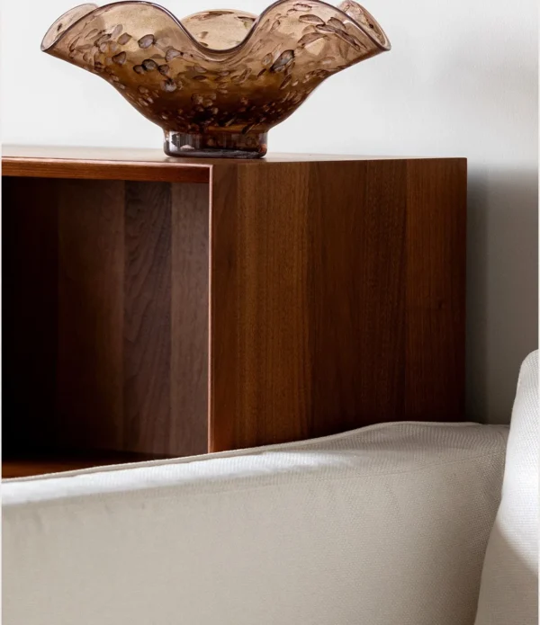 Hand-Blown Brown Ripple Glass Fruit Bowl in clay — in a room setting