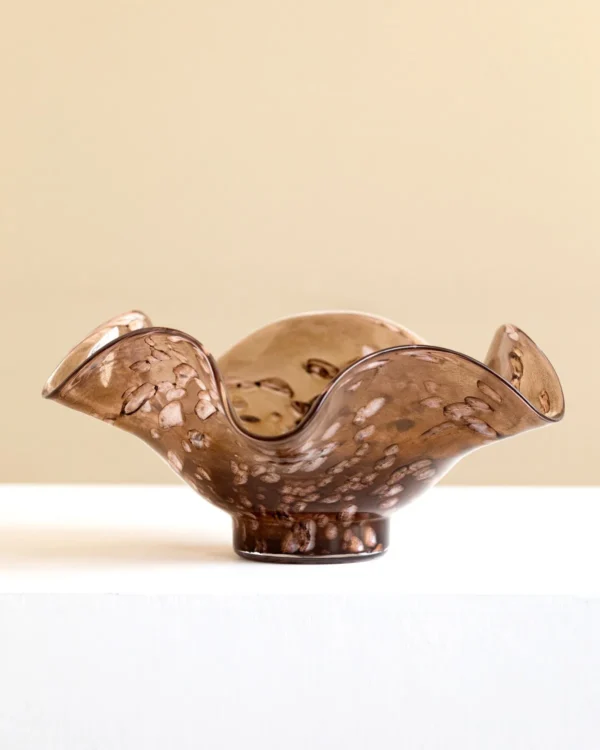 Hand-Blown Brown Ripple Glass Fruit Bowl in clay — in a room setting