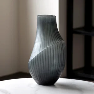 Hand-Carved Irregular Dark Green Glass Vase in olive — front view