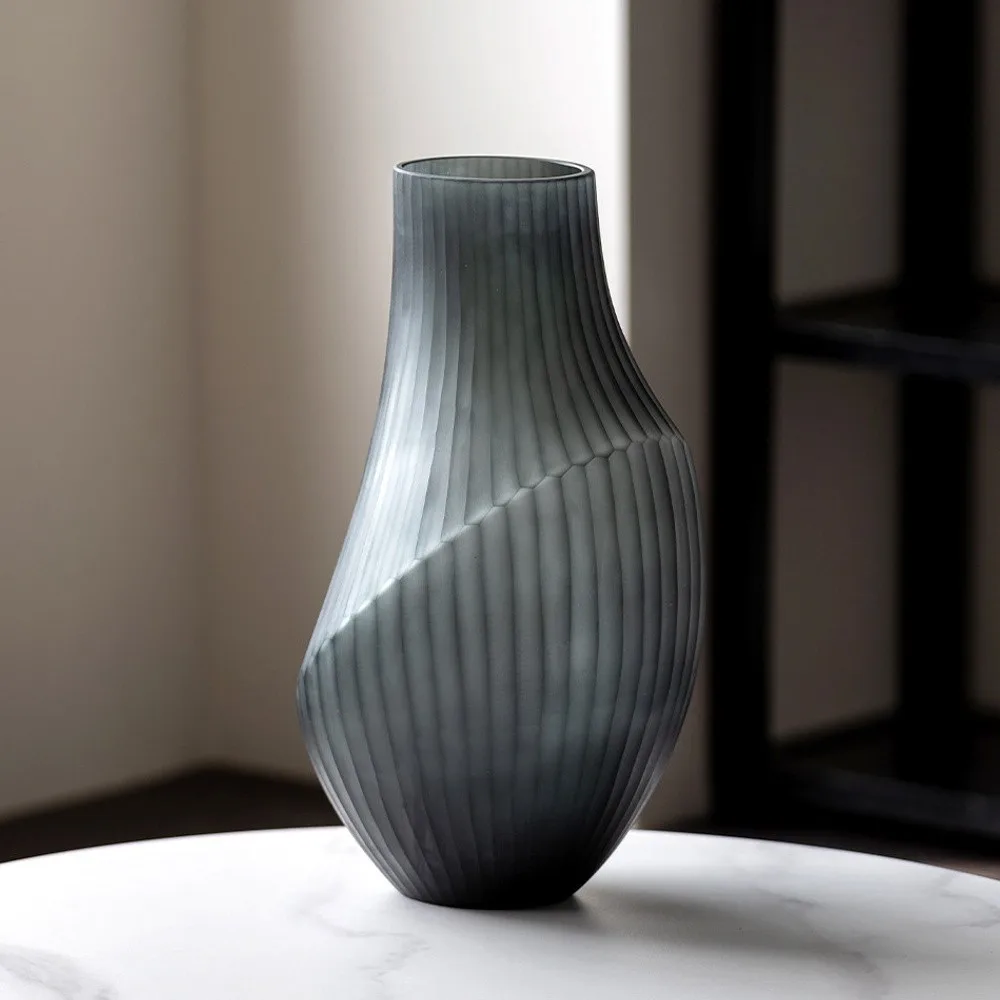 Hand-Carved Irregular Dark Green Glass Vase in olive — front view