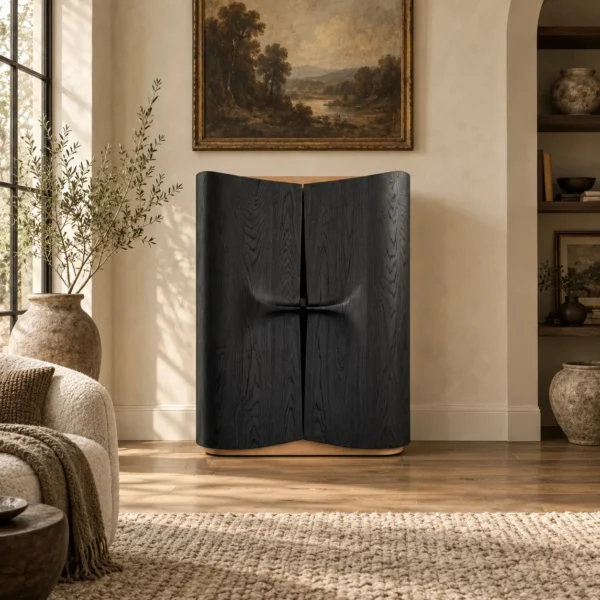 Hand-Carved Black Oak Sculptural Cabinet with Recessed Pull in black — in a room setting