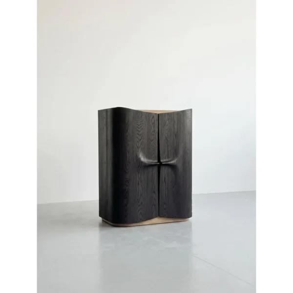 Hand-Carved Black Oak Sculptural Cabinet with Recessed Pull in black — in a room setting