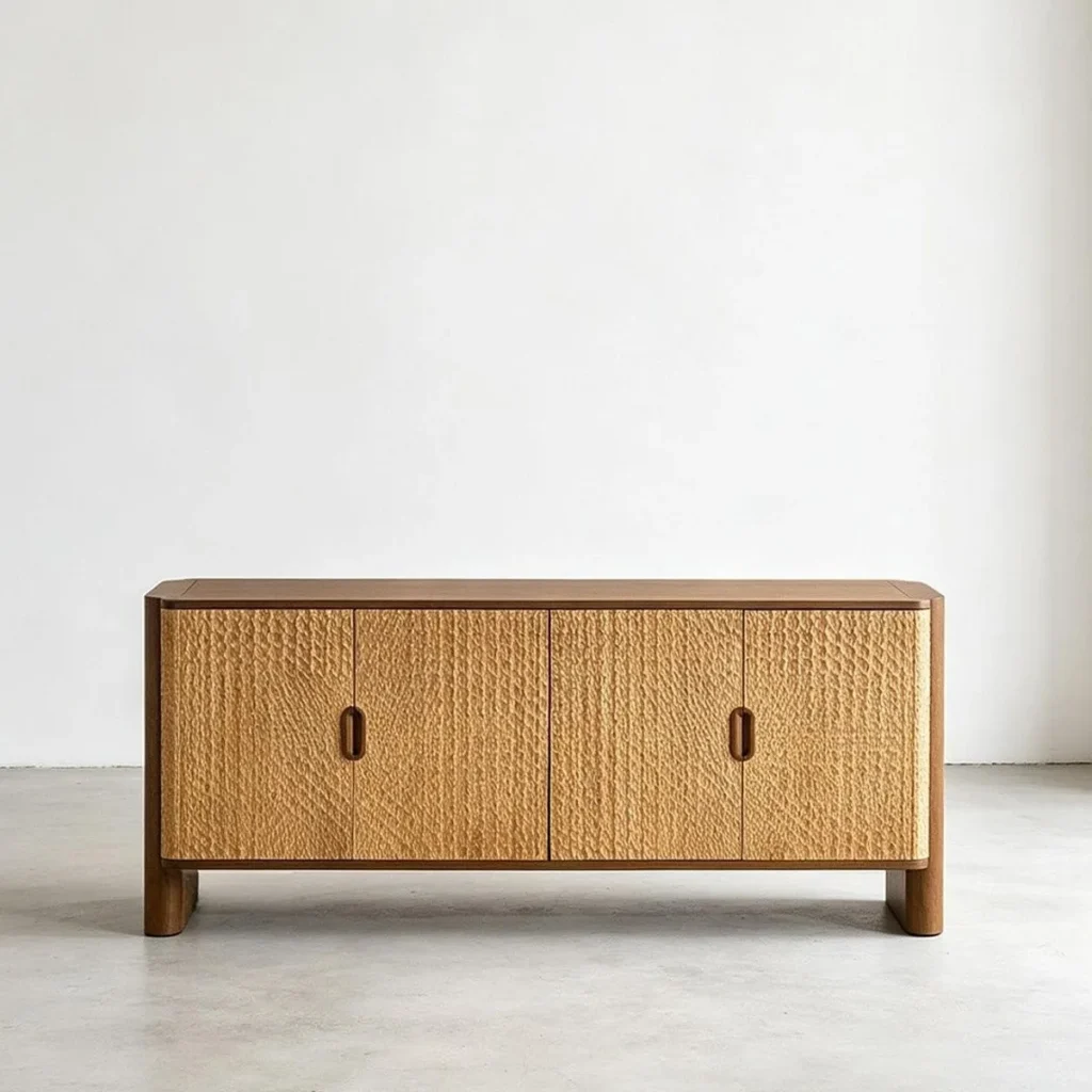 Hand-Carved Textured Oak Sideboard in natural oak — front view