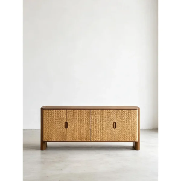 Hand-Carved Textured Oak Sideboard in natural oak — in a room setting