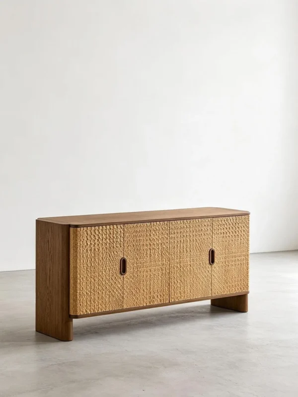 Hand-Carved Textured Oak Sideboard in natural oak — in a room setting