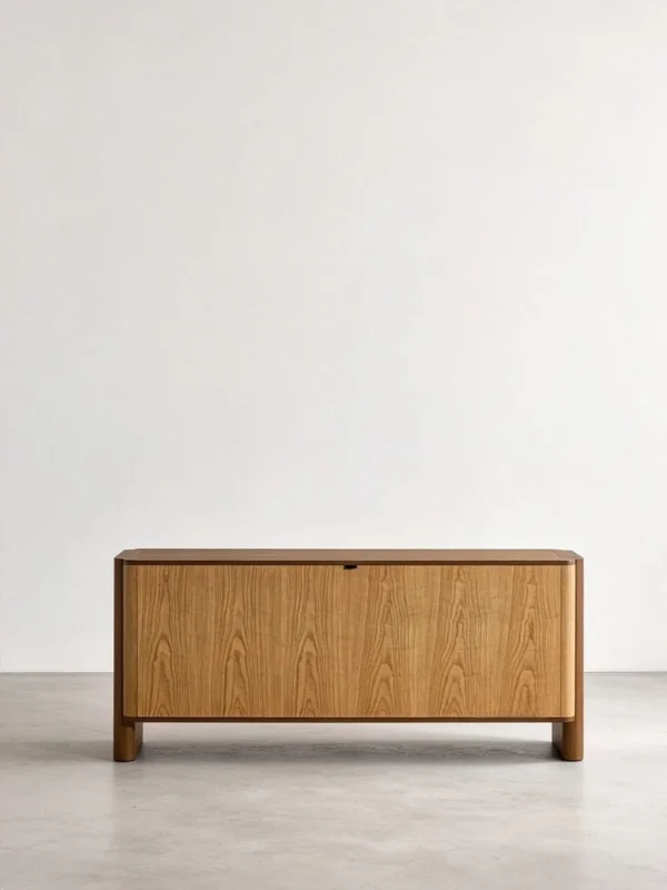 Hand-Carved Textured Oak Sideboard in natural oak — in a room setting