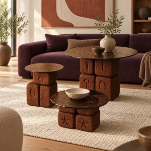 Hand-Carved Symbol Stone Block Tables in rust — front view