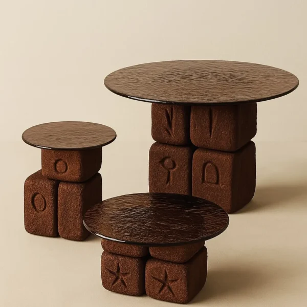 Hand-Carved Symbol Stone Block Tables in rust — in a room setting