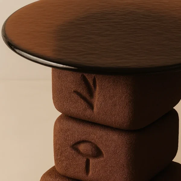 Hand-Carved Symbol Stone Block Tables in rust — in a room setting