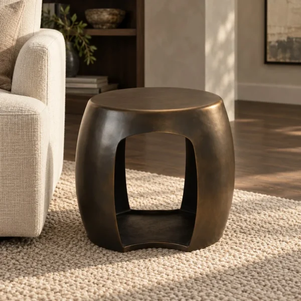 Hand-Forged Brass Drum Side Table, 49 cm in black — in a room setting