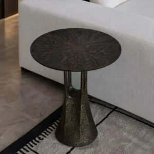 Hand-Forged Bronze Side Table with Hammered Texture in bronze — front view