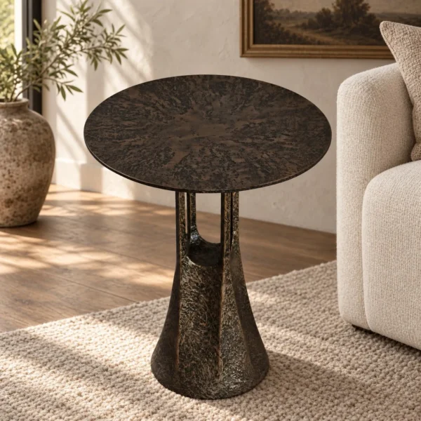 Hand-Forged Bronze Side Table with Hammered Texture in bronze — in a room setting