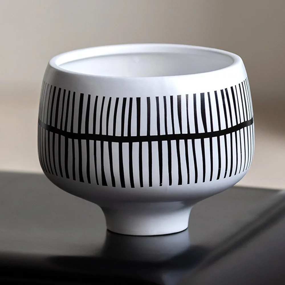 Hand-Painted Black Line Footed Bowl Vase in White — front view