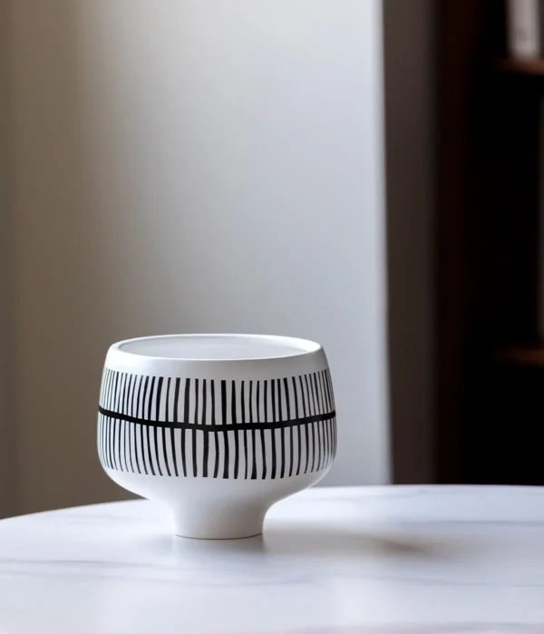 Hand-Painted Black Line Footed Bowl Vase in White — in a room setting