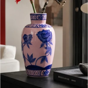 Hand-Painted Blue Peony on Pink Ceramic Vase in rose stone — front view