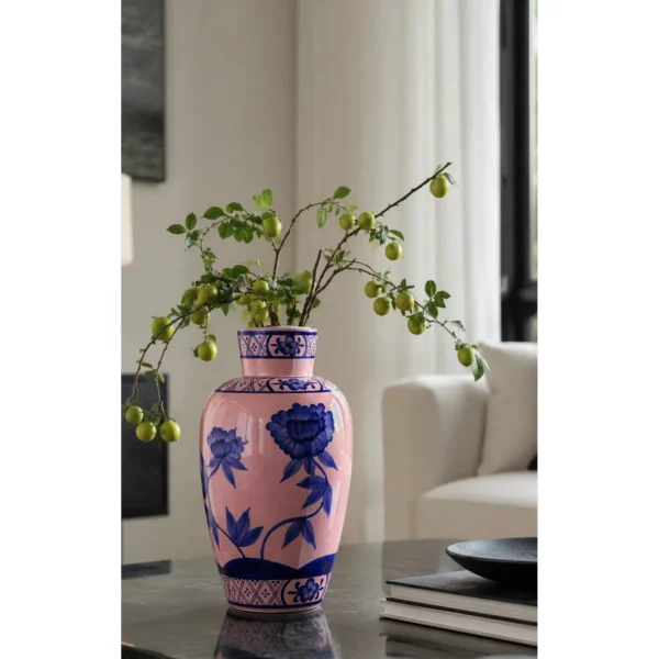 Hand-Painted Blue Peony on Pink Ceramic Vase in rose stone — in a room setting