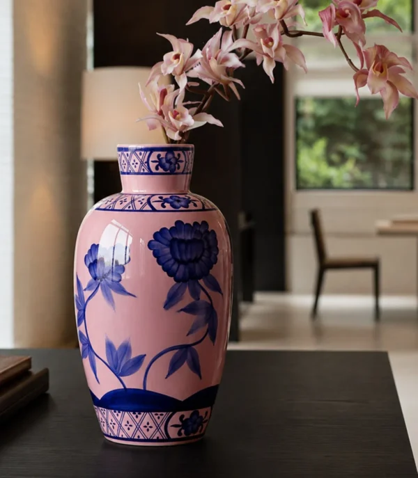 Hand-Painted Blue Peony on Pink Ceramic Vase in rose stone — in a room setting