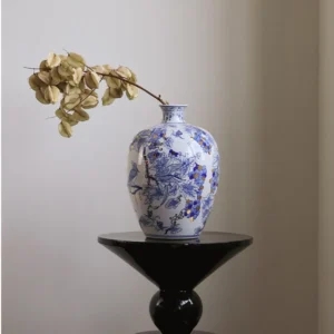 Hand-Painted Blue and White Gilded Fruit-Branch Vase in ivory — front view
