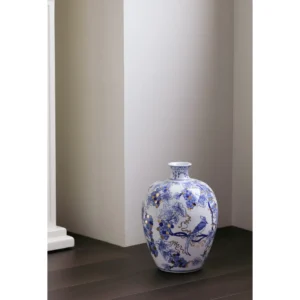 Hand-Painted Blue and White Gilded Fruit-Branch Vase in ivory — in a room setting