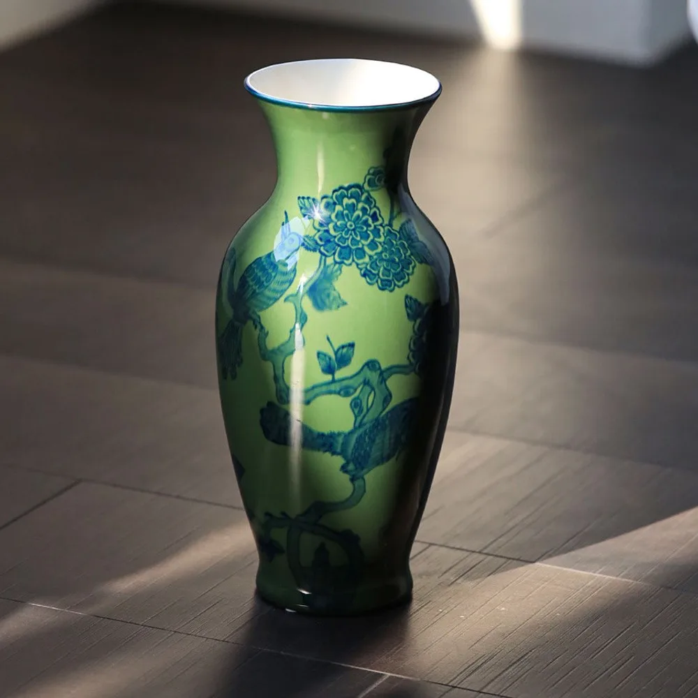 Hand-Painted Green Ground Porcelain Vase with Blue Hydrangea in olive — front view