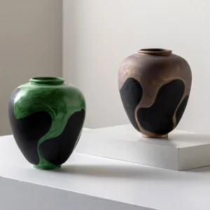 Hand-Painted Blurred Wash Ceramic Vases in Green or Bronze — front view