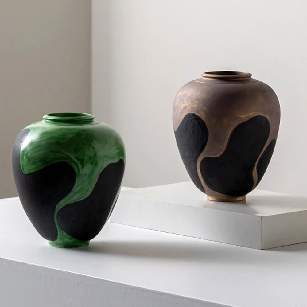 Hand-Painted Blurred Wash Ceramic Vases in Green or Bronze — front view