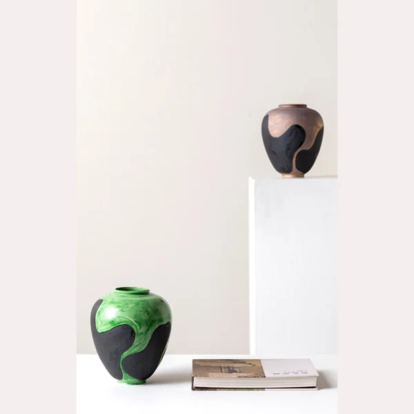 Hand-Painted Blurred Wash Ceramic Vases in Green or Bronze — in a room setting