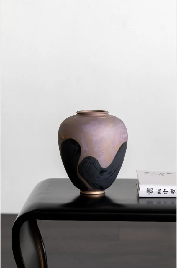 Hand-Painted Blurred Wash Ceramic Vases in Green or Bronze — in a room setting