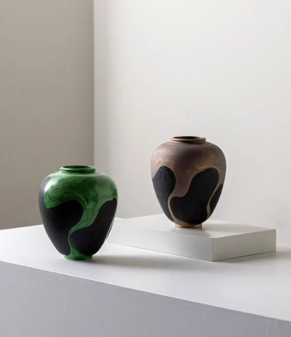 Hand-Painted Blurred Wash Ceramic Vases in Green or Bronze — in a room setting